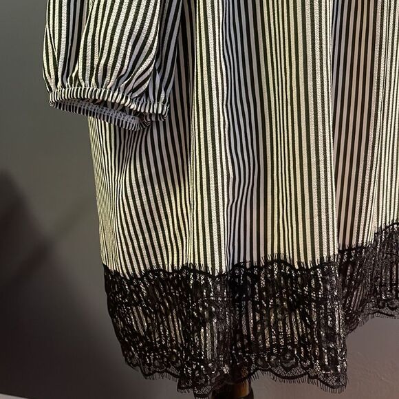 Ces Femme deep olive stripe smocked ruffle neckline lace hem lined midi. Large - Picture 4 of 8